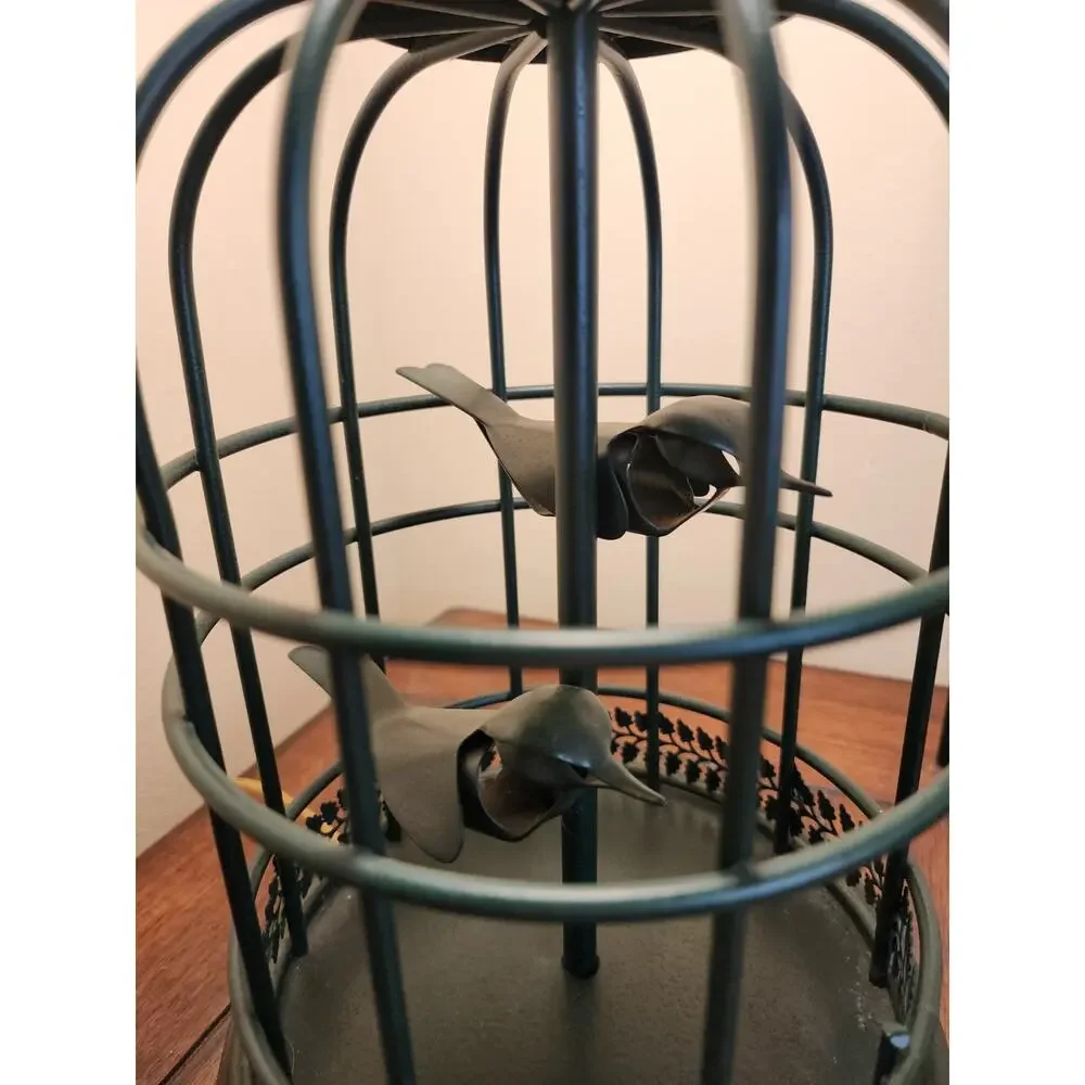 Vintage 1960s Steel Rod Hunter Green Birdcage Table Lamp 2 Stylized Birds